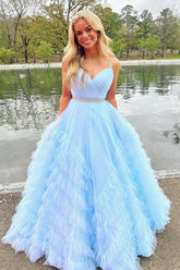 Princess Long Prom Dress in Light Blue with Spaghetti Straps and Tiered Tulle