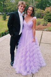 Princess Long Prom Dress with Lilac Tulle Tiered Skirt and Spaghetti Straps