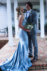 Mermaid Beaded Satin Long Prom Dress with Light Blue Spaghetti Straps