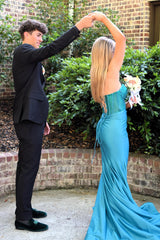 Long Turquoise Satin Mermaid Prom Dress with Sweetheart Neckline and Beading