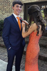 Orange Glitter Mermaid Corset Dress with Beaded Spaghetti Straps