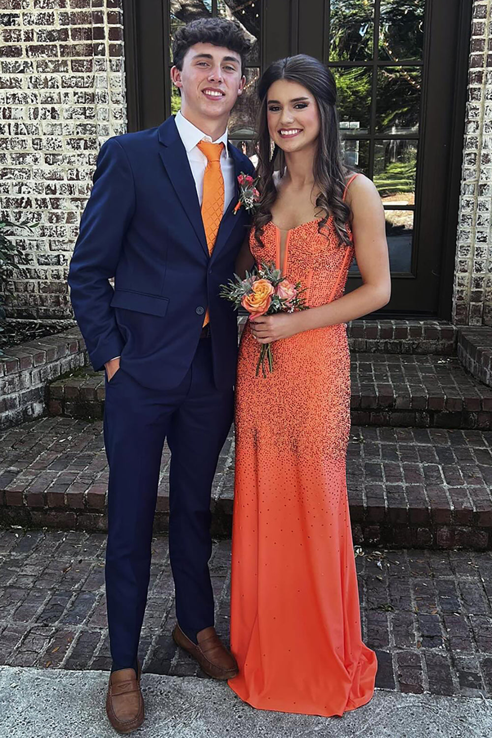 Orange Glitter Mermaid Corset Dress with Beaded Spaghetti Straps