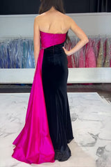 Velvet Long Prom Dress in Black Fuchsia with Strapless Mermaid Design and Slit