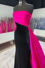 Velvet Long Prom Dress in Black Fuchsia with Strapless Mermaid Design and Slit