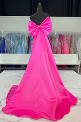 Long Satin Prom Dress in Black Fuchsia with Sweetheart Neckline and Mermaid Bow