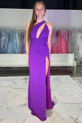 Long Purple Satin Prom Dress with Slit and One Shoulder