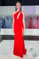 Long Purple Satin Prom Dress with Slit and One Shoulder