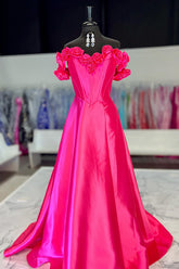 Long Fuchsia Satin Prom Dress with Flowers Off-the-Shoulder A-Line