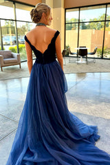 Velvet Navy Long Prom Dress with Off-the-Shoulder Neckline and Waist Cape