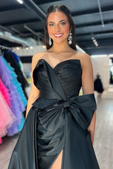 Long Black Satin Prom Dress with Sweetheart Neckline and Ruched Bow