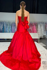 Long Strapless Satin Prom Dress in Fuchsia with Ruched Mermaid Design and Bow