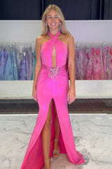 Long Backless Fuchsia Prom Dress in Satin with Halter Neck and Mermaid Slit