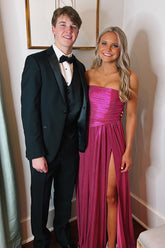 Metallic Fuchsia Long Strapless Prom Dress with Sparkly A-Line Slit
