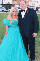 Sweetheart Princess Long Corset Prom Dress in Peacock Green with Beading