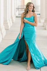 Metallic Turquoise Strapless Long Mermaid Prom Dress with Ruched Detail and Slit