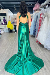 Long Satin Prom Dress in Emerald Green with Halter Neck and Mermaid Mirror Design