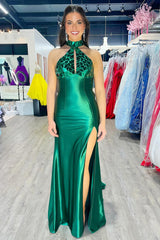 Long Satin Prom Dress in Emerald Green with Halter Neck and Mermaid Mirror Design
