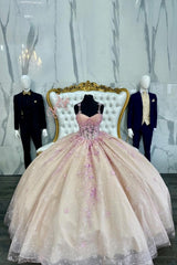 Quinceanera Dress in Blush Champagne with Spaghetti Straps and Appliques