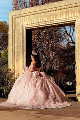 Off-the-Shoulder Ball Gown in Light Pink with Applique and Train for Quinceanera