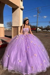 Quinceanera Ball Gown in Sparkly Purple Tulle with 3D Butterflies and Spaghetti Straps