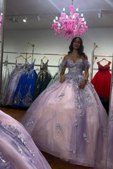 Lilac Sparkle Princess Quinceanera Dress with Off-Shoulder Applique and Train