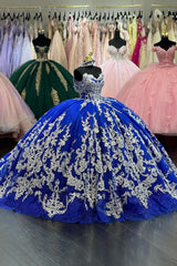 Royal Blue Sparkle Off-Shoulder Quinceanera Ball Gown Featuring Appliques