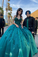Quinceanera Ball Gown with Sparkly Dark Green Spaghetti Straps and Appliques