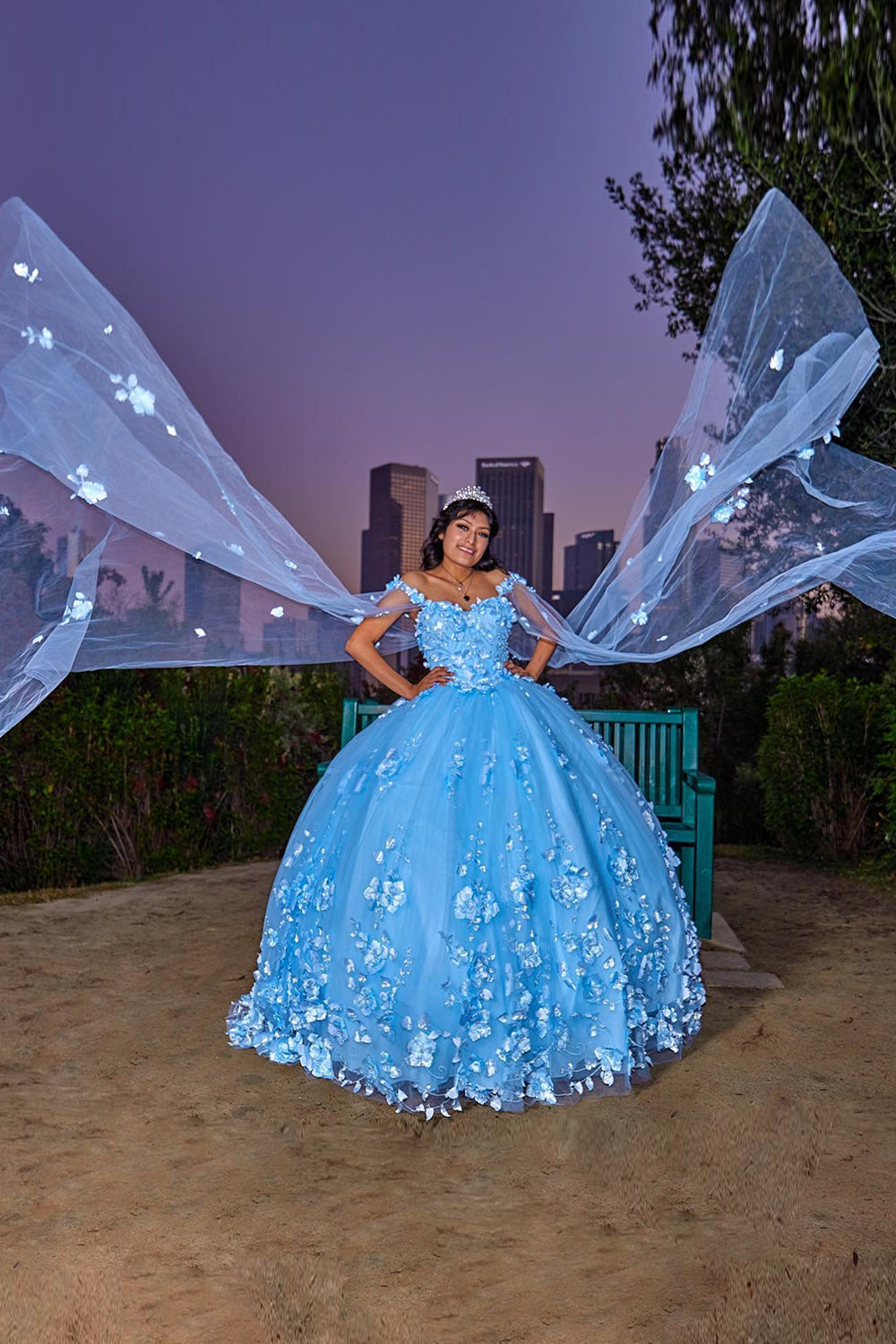 Blue Glitter Appliqued Off-the-Shoulder Caped Quinceanera Ball Gown