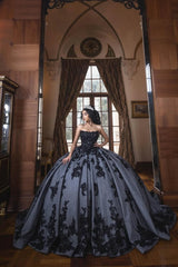 Black Sparkle Strapless Quinceanera Gown with Tulle Applique