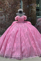 Hot Pink Sparkle Off-Shoulder Tulle Quinceanera Dress with Bow and Applique