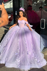 Lilac Floral Sparkly Off-the-Shoulder Tulle Quinceanera Ball Gown with Appliques