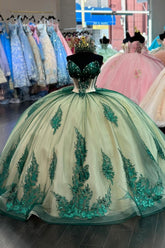 Off-the-Shoulder Dark Green Quinceanera Dress with Beaded Applique and Sequins on Tulle