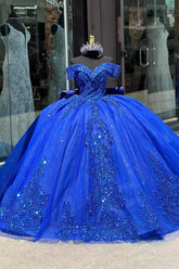 Royal Blue Sparkly Off-the-Shoulder Princess Quinceanera Dress with Beaded Applique and Tulle Train