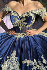 Princess Quinceanera Dress in Navy with Off-the-Shoulder Beaded Applique and Tulle
