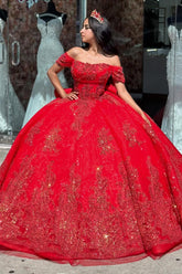 Red Sparkle Princess Quinceanera Dress with Off-Shoulder Bow and Tulle Applique
