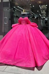 Fuchsia Beaded Off-the-Shoulder Sparkly Tulle Ball Gown with Bow for Quinceanera