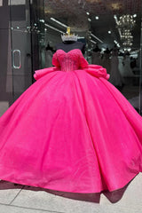 Fuchsia Beaded Off-the-Shoulder Sparkly Tulle Ball Gown with Bow for Quinceanera