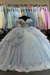 Light Blue Sparkly Off-the-Shoulder Tulle Quinceanera Ball Gown with Applique and Train