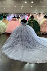 Light Blue Sparkly Off-the-Shoulder Tulle Quinceanera Ball Gown with Applique and Train
