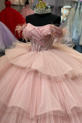 Pleated Off-the-Shoulder Princess Tulle Quinceanera Dress in Blush with Sequins