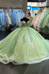 Green Sparkle Off-Shoulder Tulle Ball Gown for Quinceanera