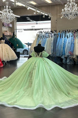 Green Sparkle Off-Shoulder Tulle Ball Gown for Quinceanera