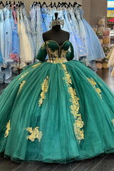 Dark Green Sparkly Off-the-Shoulder Tulle Quinceanera Dress with Applique