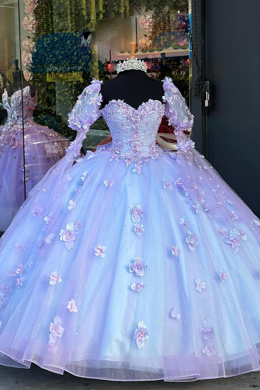 Sweetheart Ball Gown in Sparkly Blue Lilac Floral Tulle with Long Sleeves for Quinceanera