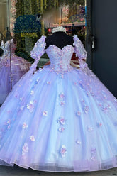Sweetheart Ball Gown in Sparkly Blue Lilac Floral Tulle with Long Sleeves for Quinceanera