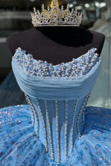 Blue Sparkle Princess Quinceanera Dress with Beaded Strapless Tulle and Sequins