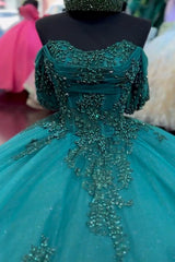 Dark Green Sparkly Off-the-Shoulder Princess Tulle Quinceanera Dress with Beaded Applique and Sequins