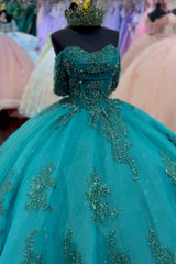 Dark Green Sparkly Off-the-Shoulder Princess Tulle Quinceanera Dress with Beaded Applique and Sequins