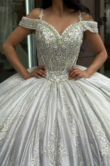 Princess Quinceanera Dress with Sparkly Silver Cold Shoulder and Beaded Applique on Tulle