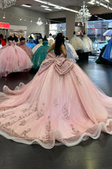 Sweetheart Ball Gown with Blush Beaded Applique Bow and Tulle Train for Quinceanera